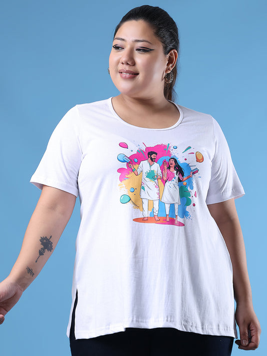 Women's Plus Size White Solid Color Printed Cotton T-shirt