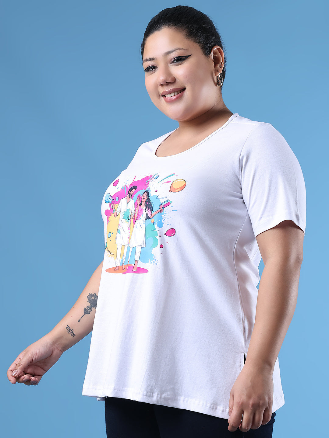 Women's Plus Size White Solid Color Printed Cotton T-shirt