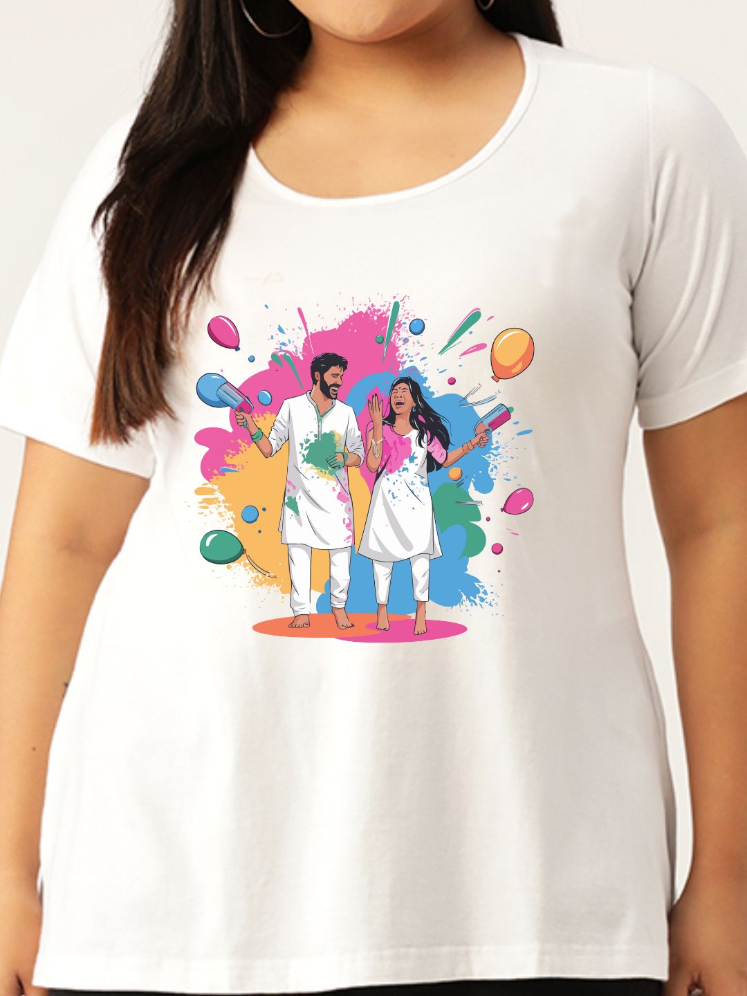 Women's Plus Size White Solid Color Printed Cotton T-shirt