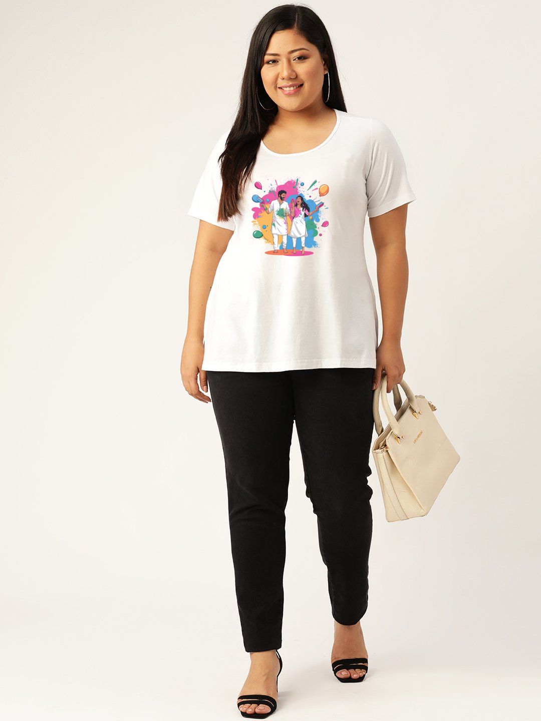 Women's Plus Size White Solid Color Printed Cotton T-shirt