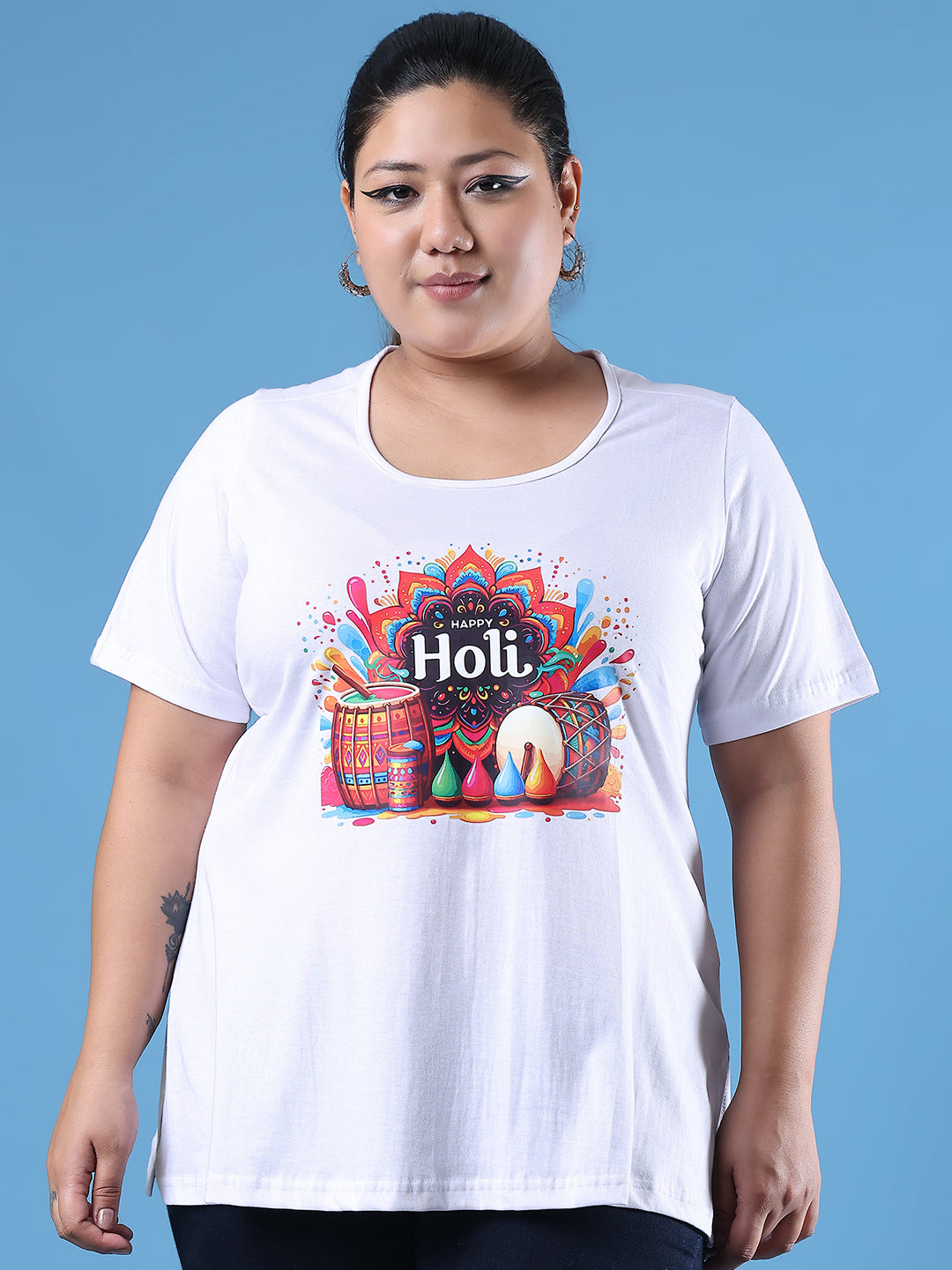 Women's Plus Size White Solid Color Printed Cotton T-shirt