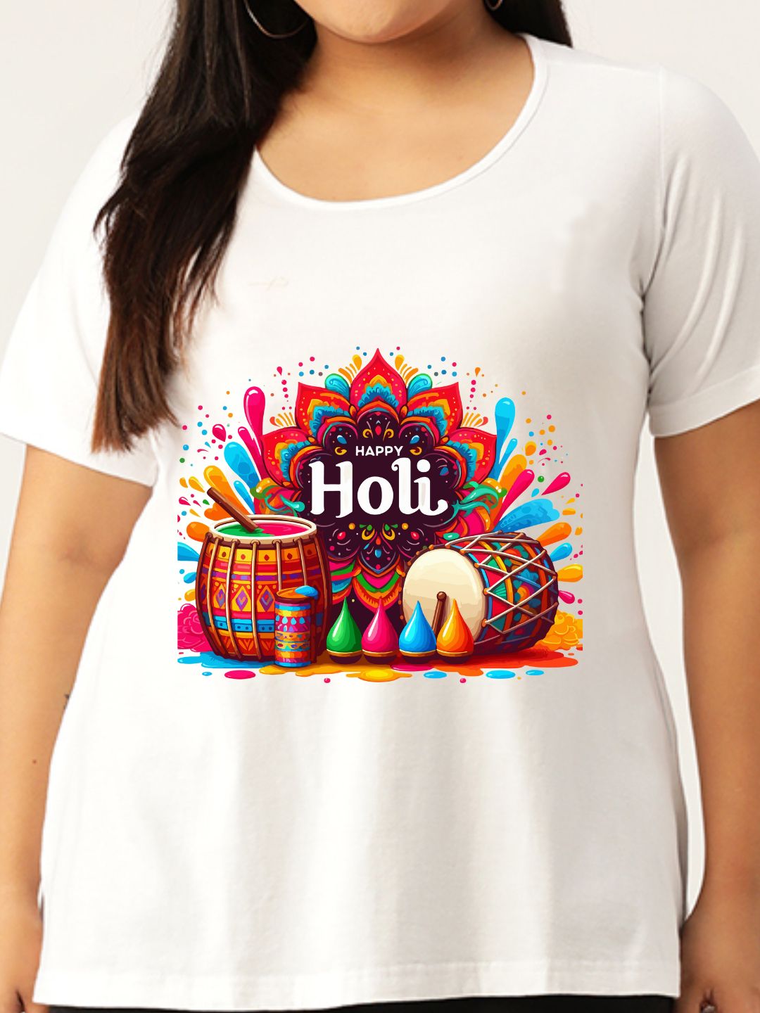 Women's Plus Size White Solid Color Printed Cotton T-shirt