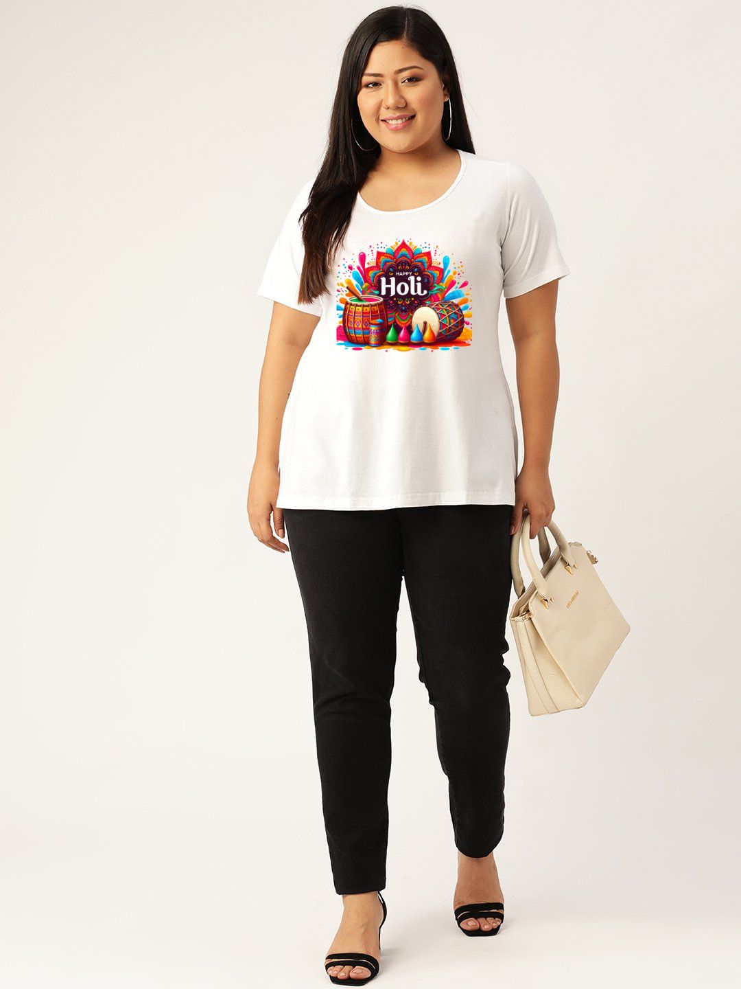 Women's Plus Size White Solid Color Printed Cotton T-shirt