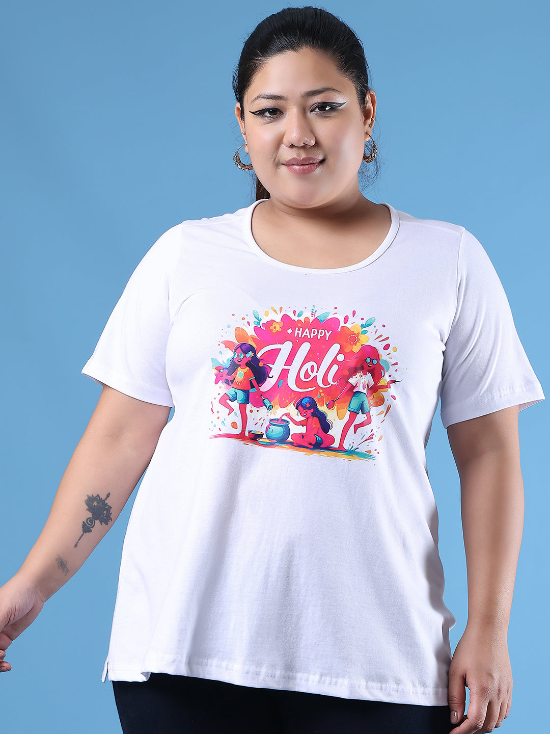 Women's Plus Size White Solid Color Printed Cotton T-shirt