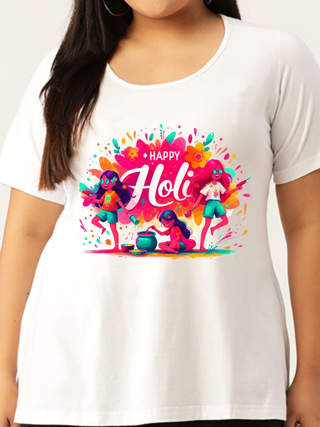 Women's Plus Size White Solid Color Printed Cotton T-shirt