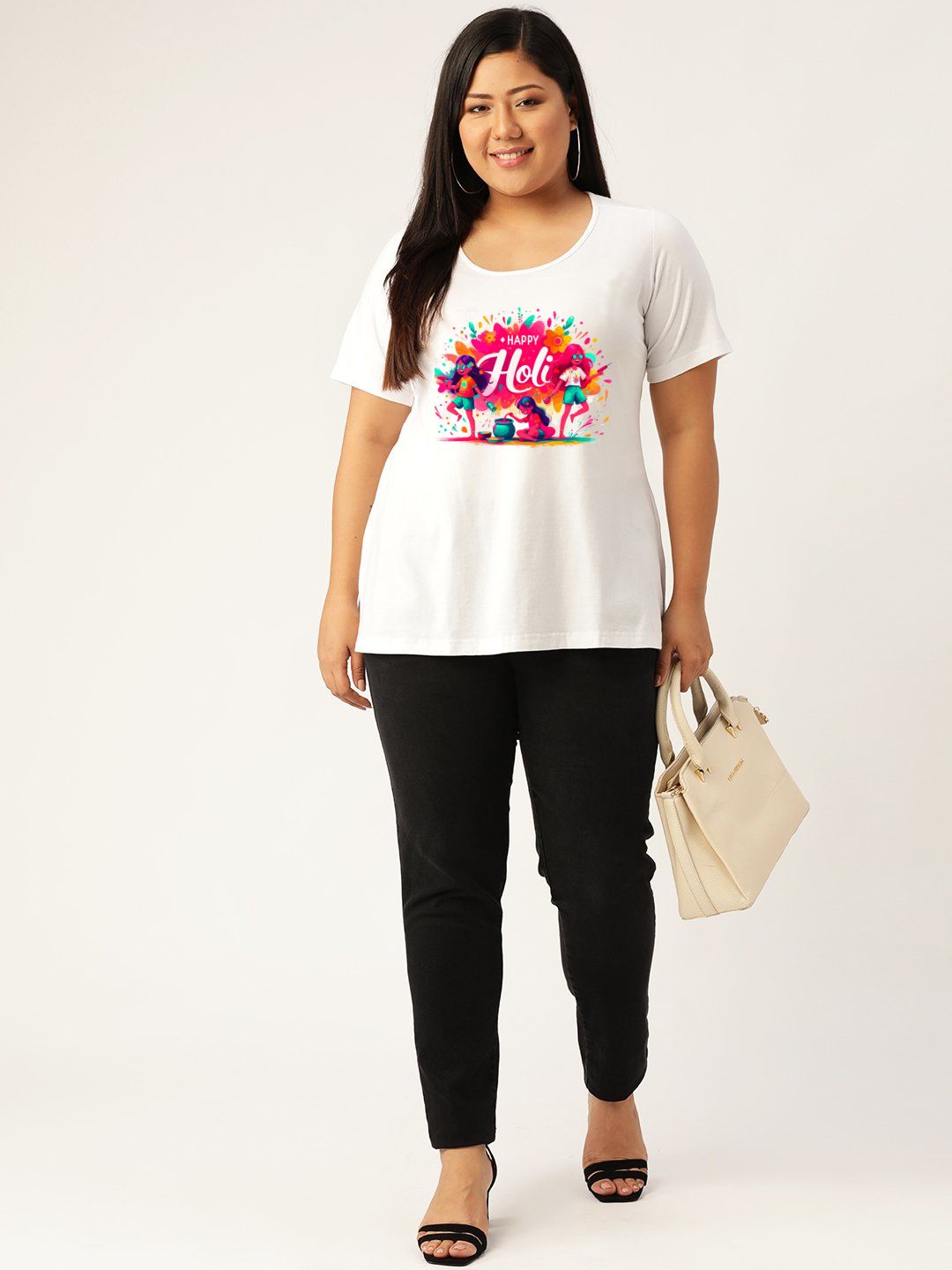Women's Plus Size White Solid Color Printed Cotton T-shirt