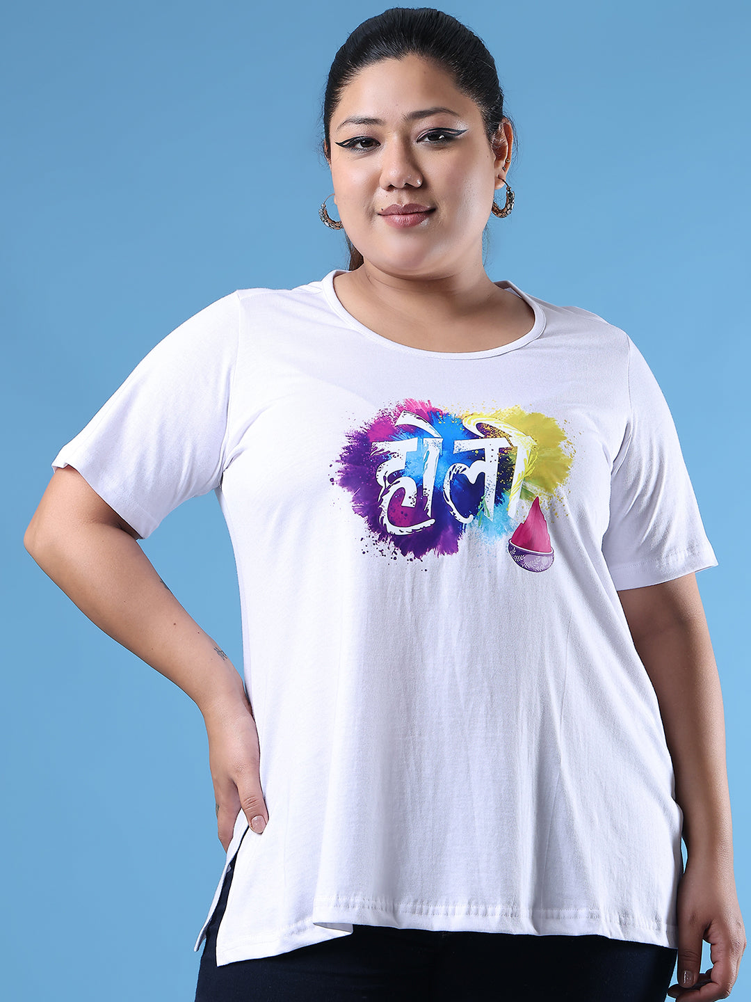 Women's Plus Size White Solid Color Printed Cotton T-shirt