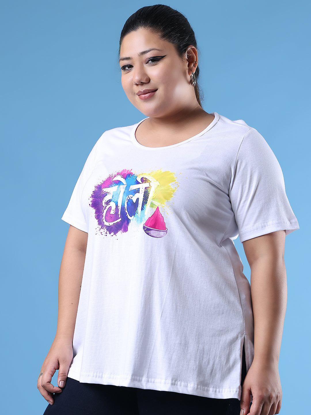 Women's Plus Size White Solid Color Printed Cotton T-shirt