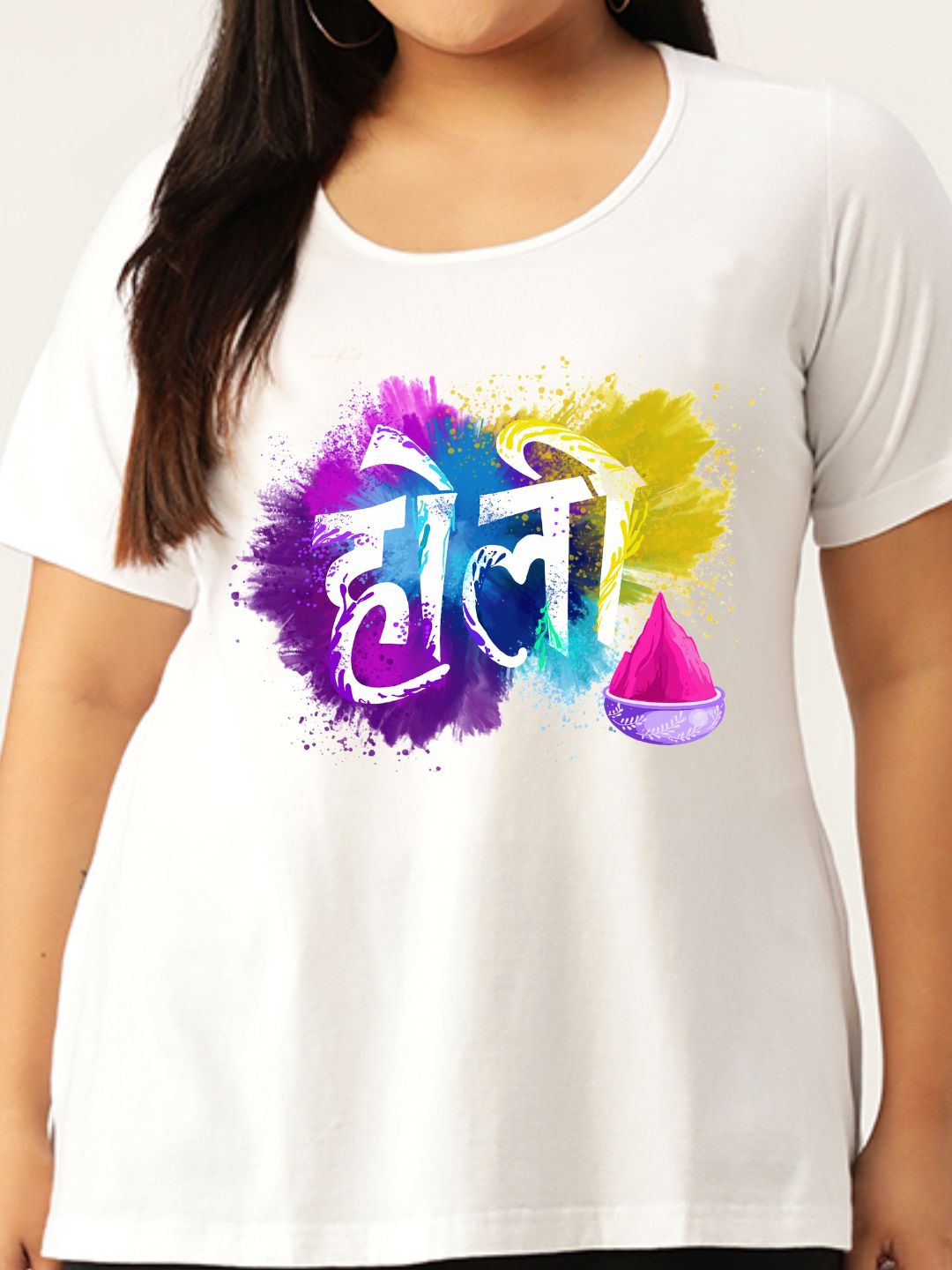 Women's Plus Size White Solid Color Printed Cotton T-shirt