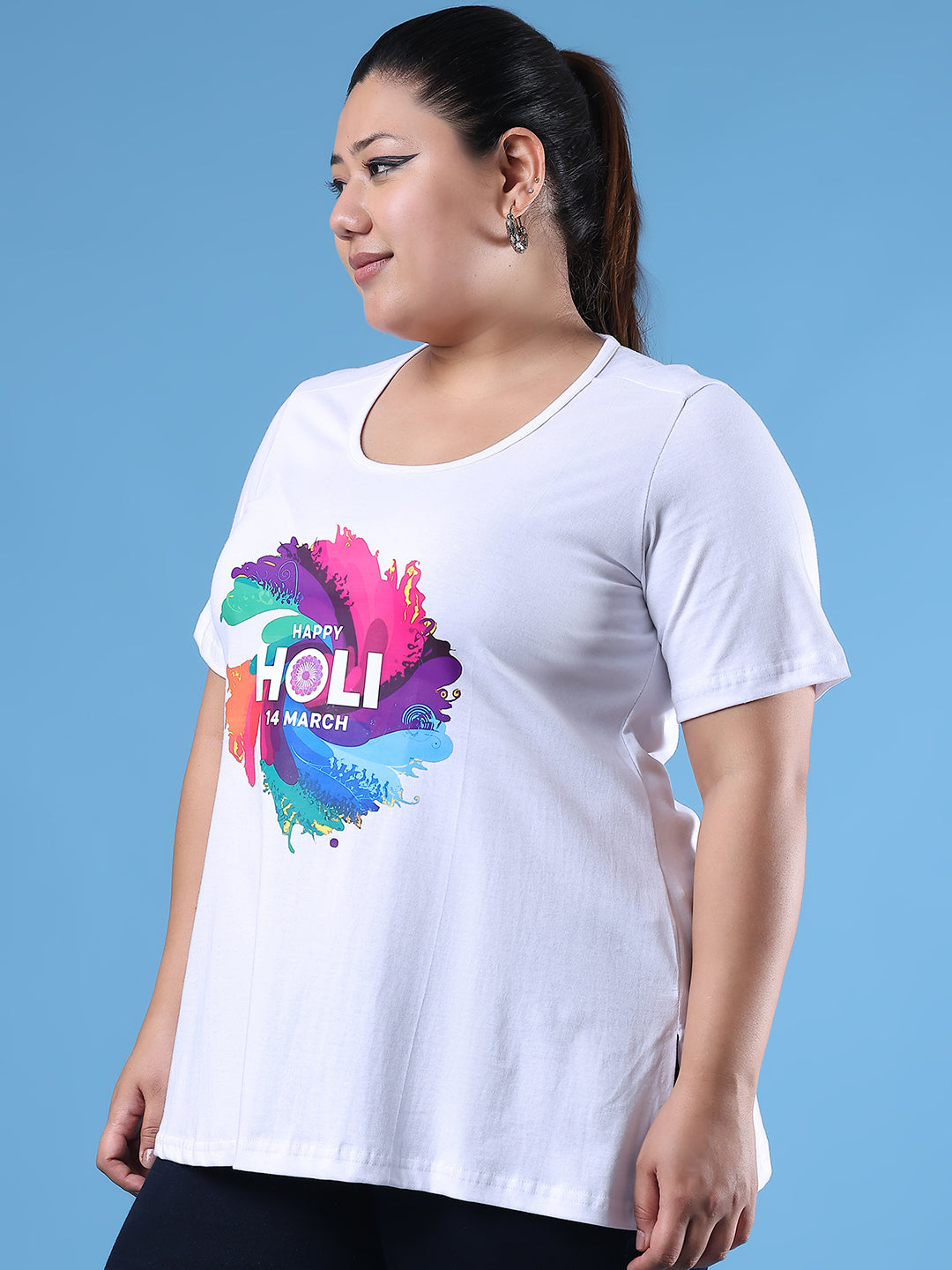 Women's Plus Size White Solid Color Printed Cotton T-shirt