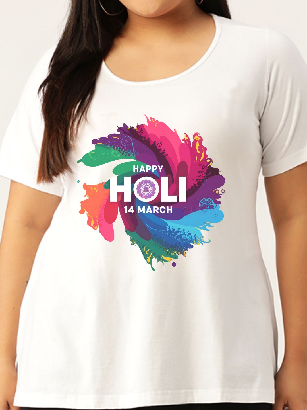 Women's Plus Size White Solid Color Printed Cotton T-shirt