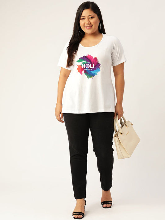 Women's Plus Size White Solid Color Printed Cotton T-shirt