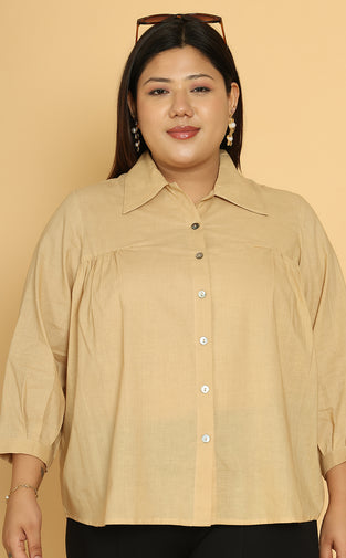 theRebelinme Beige Color Cotton Spread Collar Casual Shirt