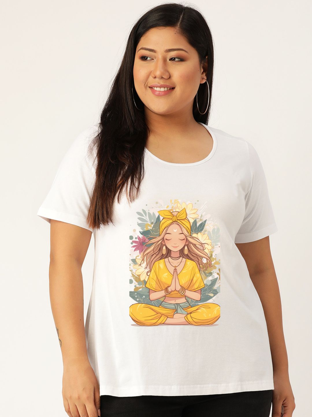 Women's Plus Size White Solid Color yoga graphic Printed Cotton T-shirt