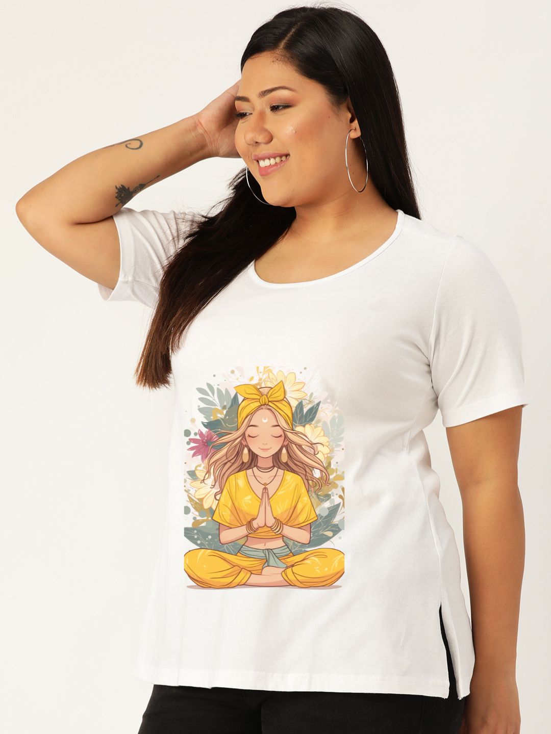 Women's Plus Size White Solid Color yoga graphic Printed Cotton T-shirt