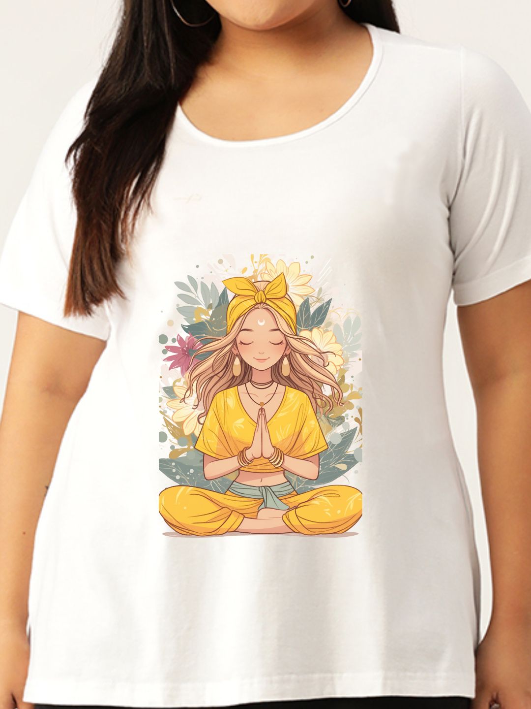 Women's Plus Size White Solid Color yoga graphic Printed Cotton T-shirt