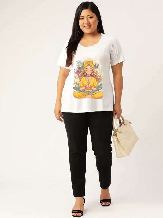 Women's Plus Size White Solid Color yoga graphic Printed Cotton T-shirt