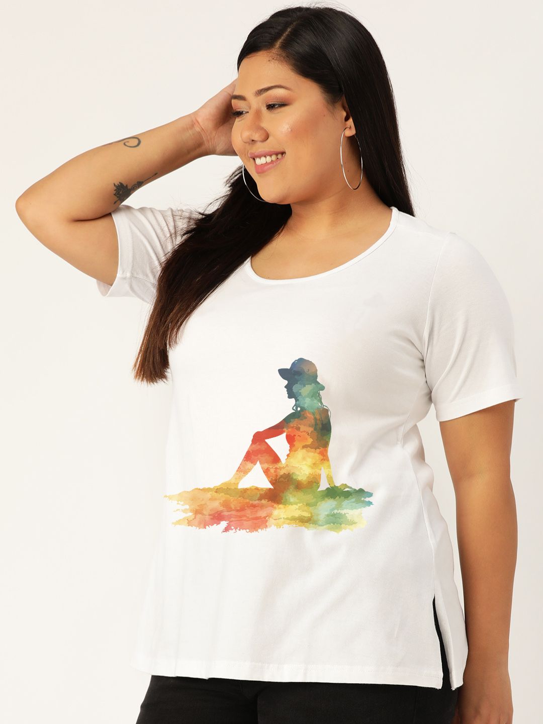 Women's Plus Size White Solid Color yoga graphic Printed Cotton T-shirt