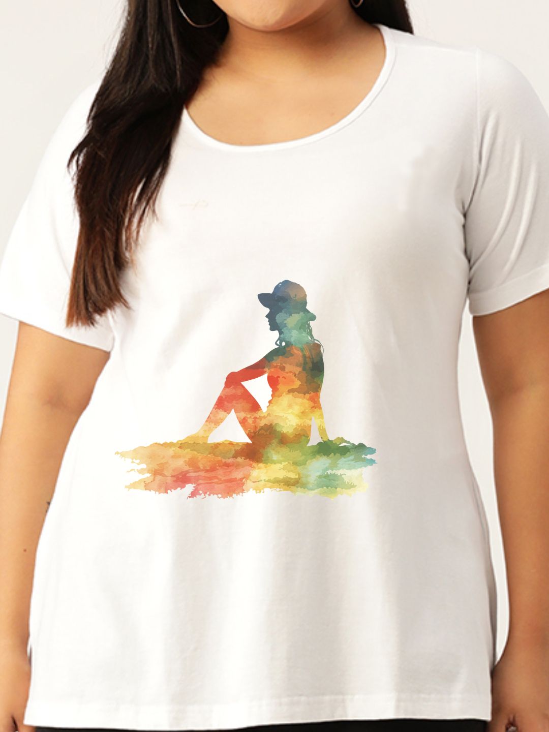 Women's Plus Size White Solid Color yoga graphic Printed Cotton T-shirt