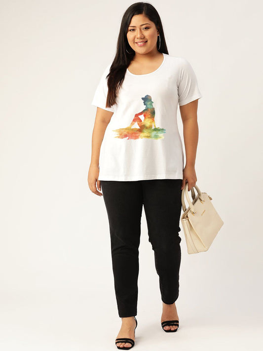 Women's Plus Size White Solid Color yoga graphic Printed Cotton T-shirt
