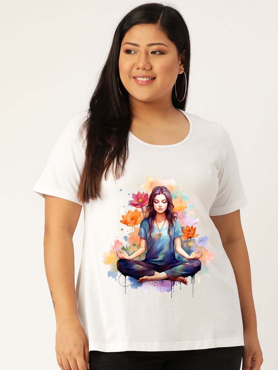 Women's Plus Size White Solid Color yoga graphic Printed Cotton T-shirt