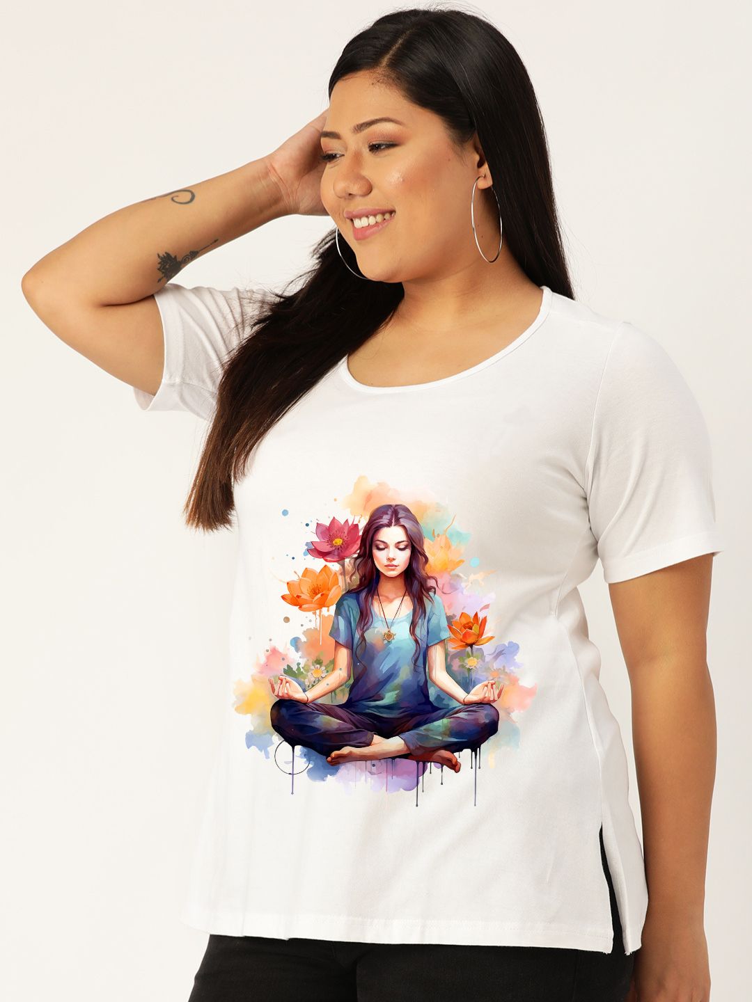 Women's Plus Size White Solid Color yoga graphic Printed Cotton T-shirt