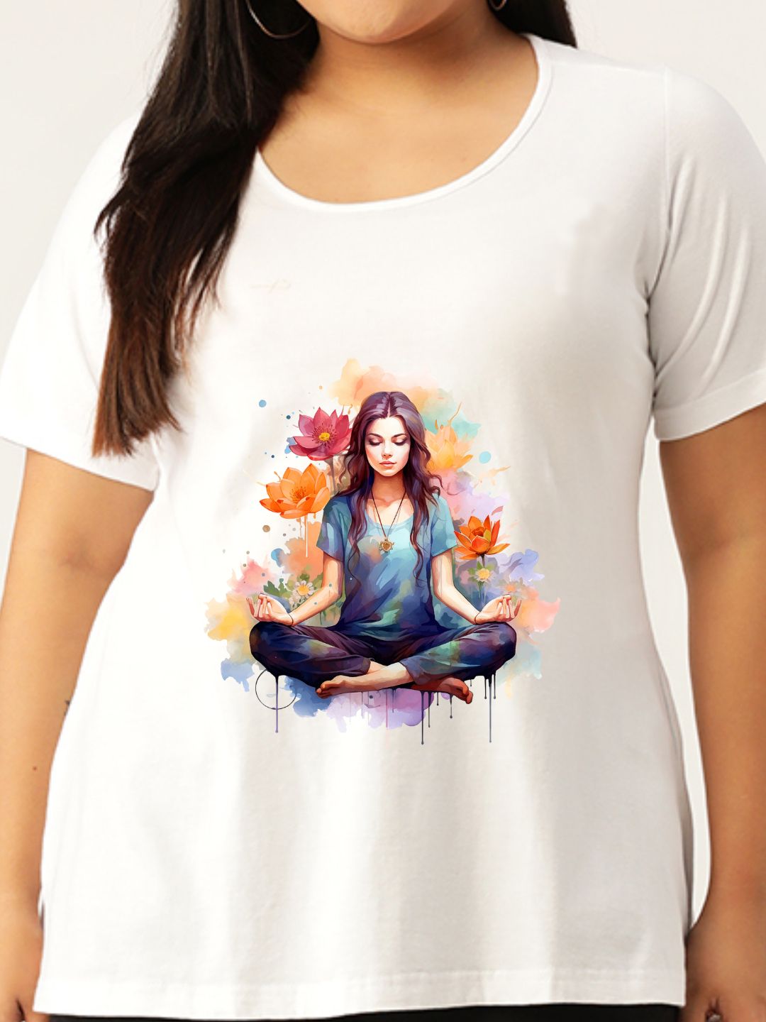 Women's Plus Size White Solid Color yoga graphic Printed Cotton T-shirt