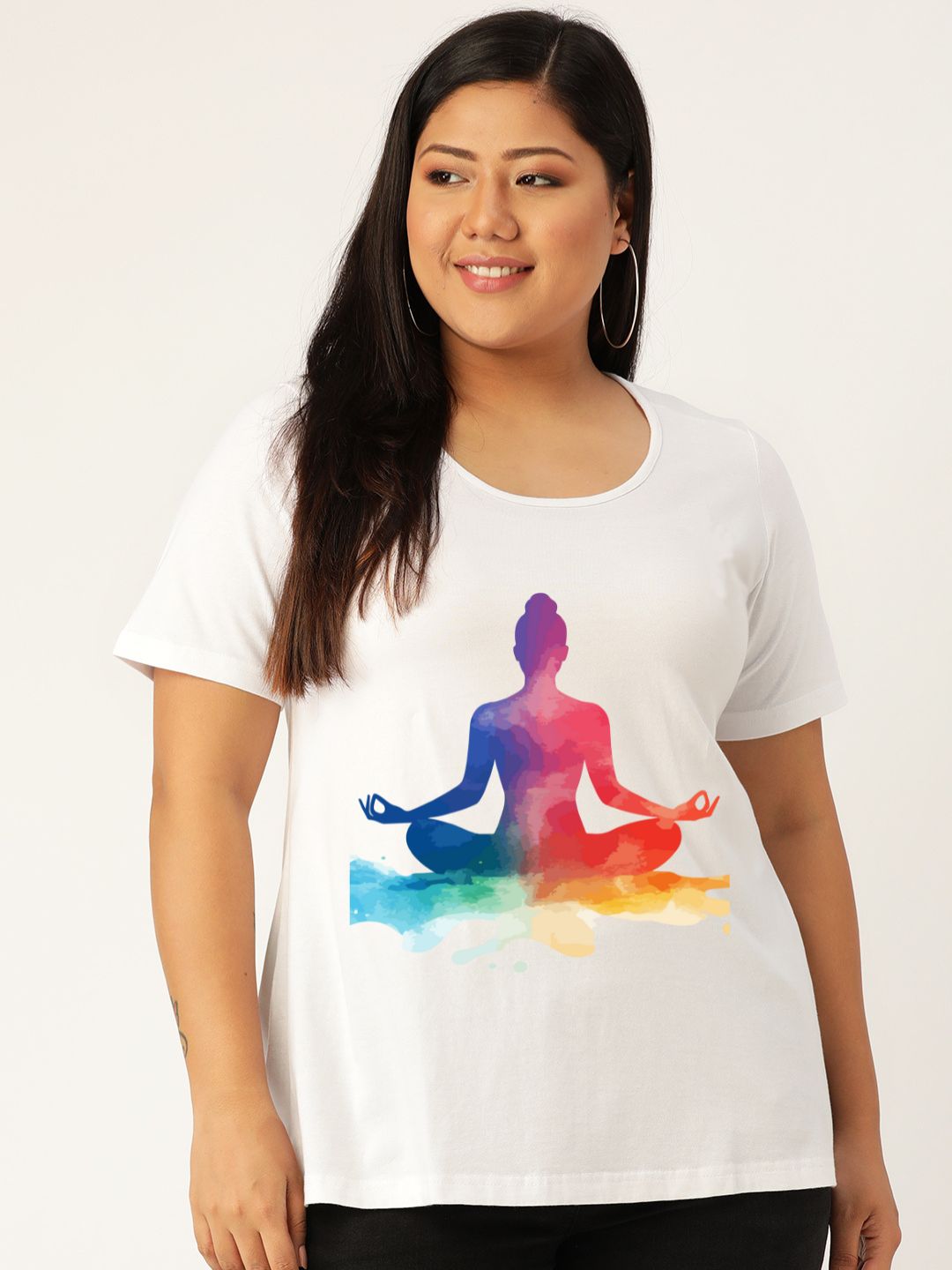 Women's Plus Size White Solid Color yoga graphic Printed Cotton T-shirt