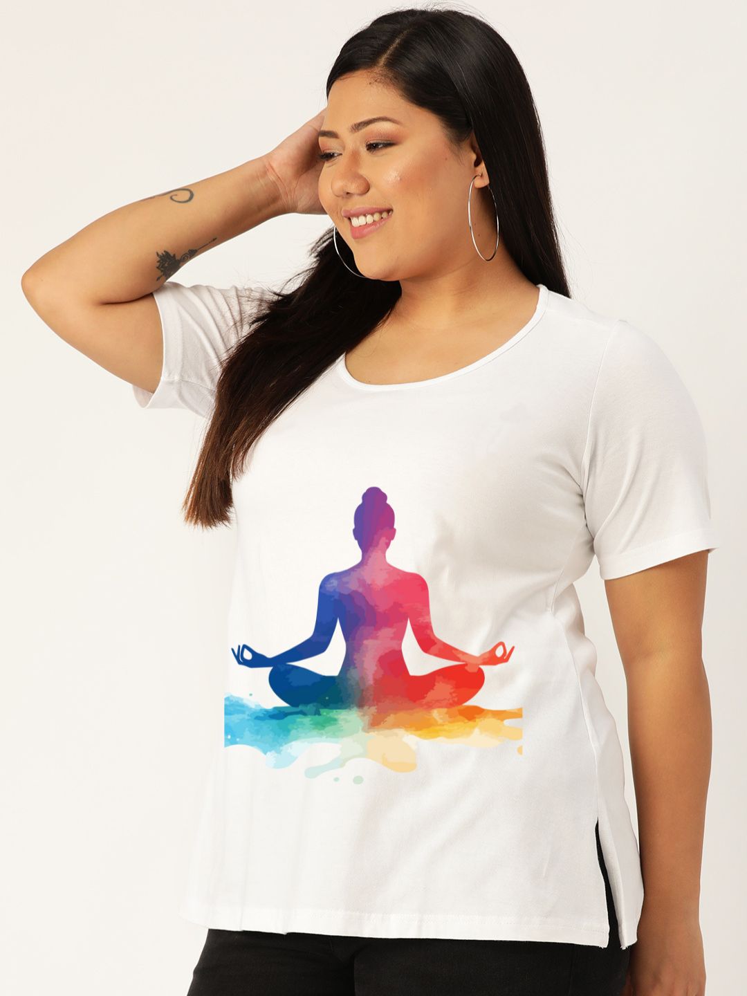 Women's Plus Size White Solid Color yoga graphic Printed Cotton T-shirt