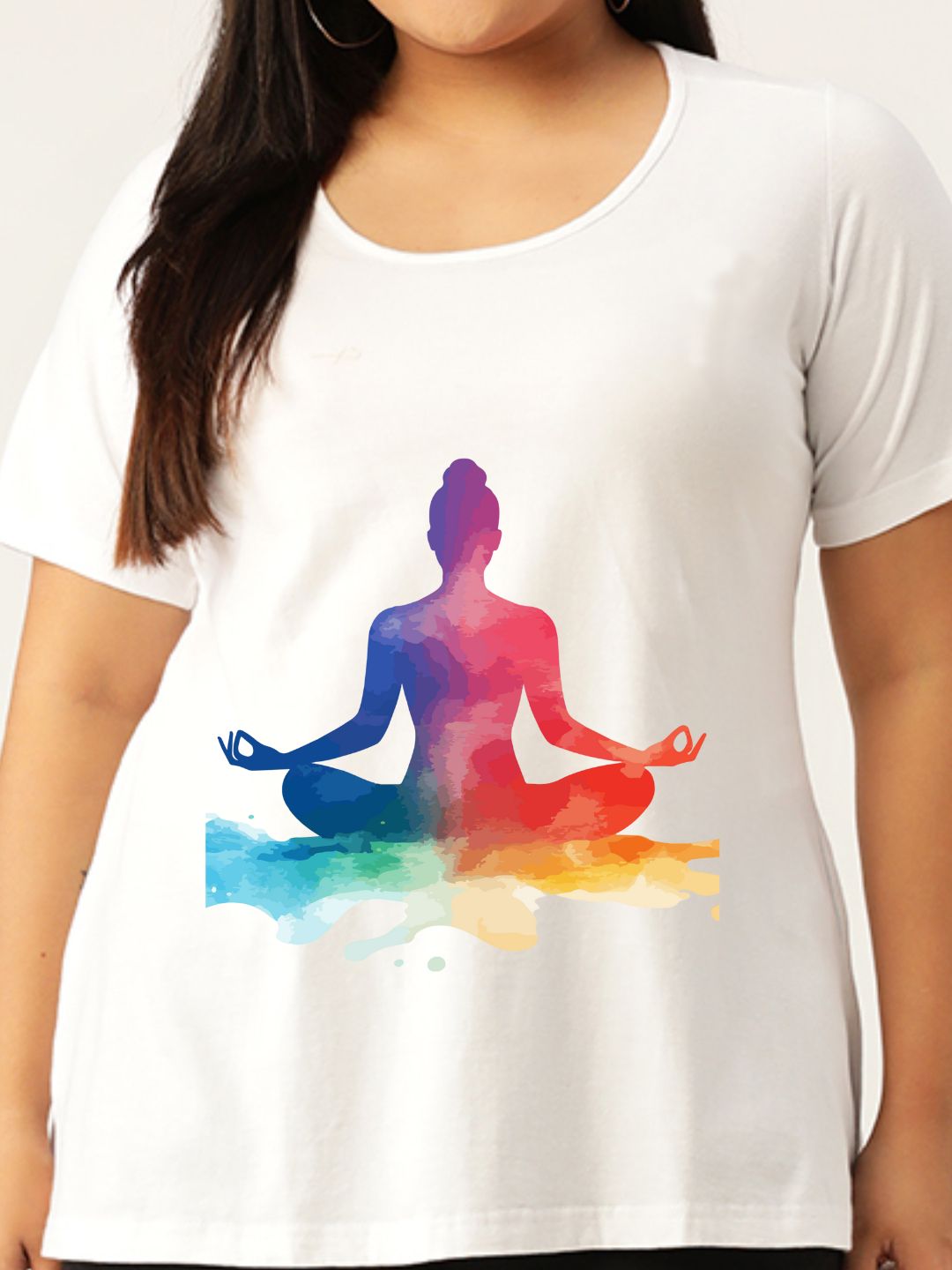 Women's Plus Size White Solid Color yoga graphic Printed Cotton T-shirt