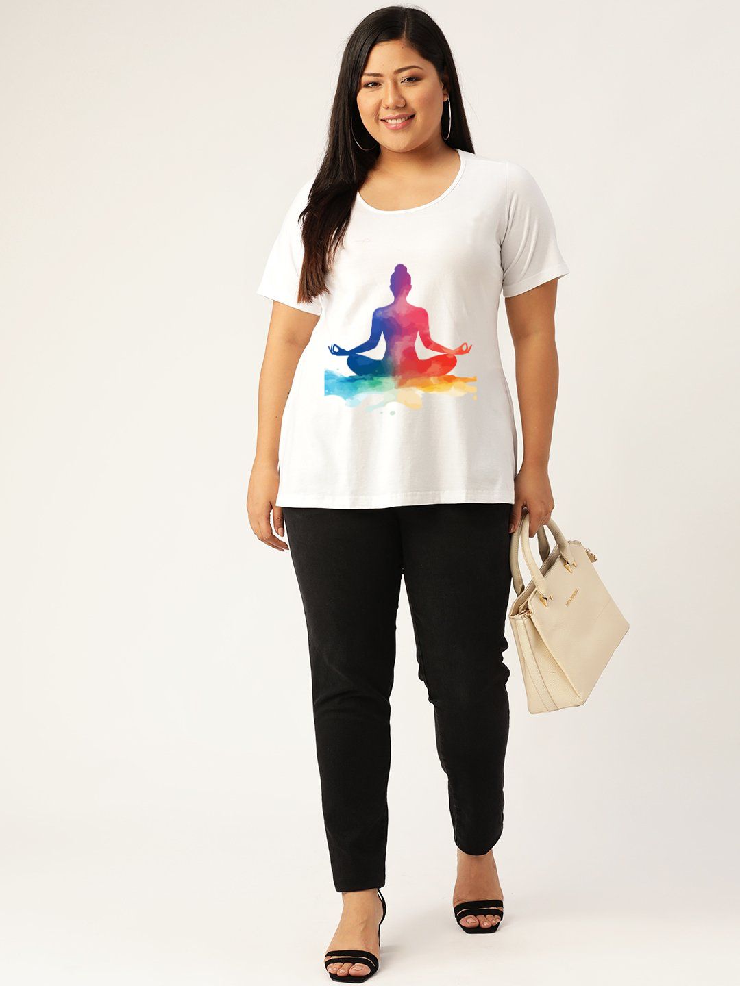 Women's Plus Size White Solid Color yoga graphic Printed Cotton T-shirt