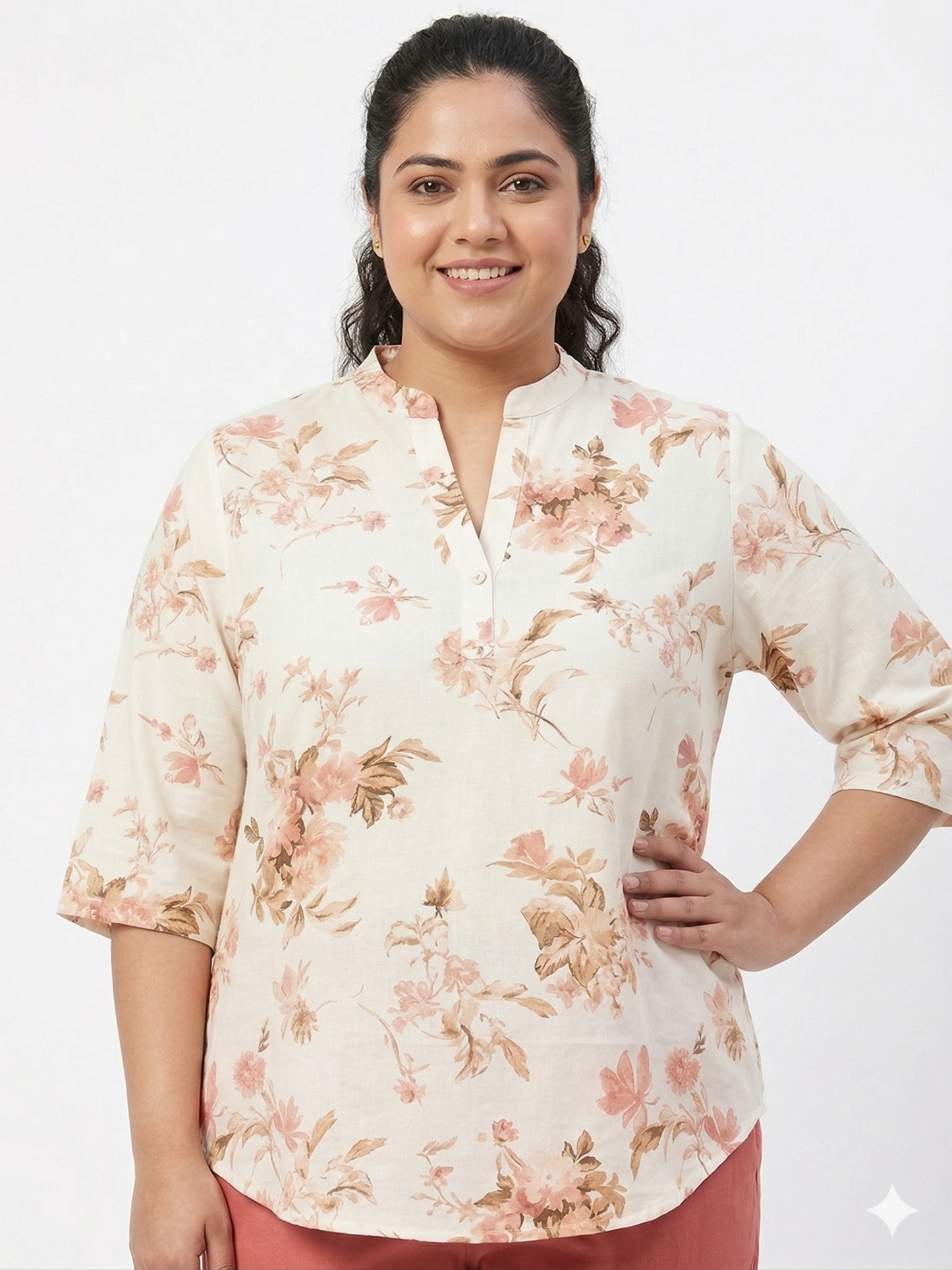 Women's Plus Size Printed Linen Top