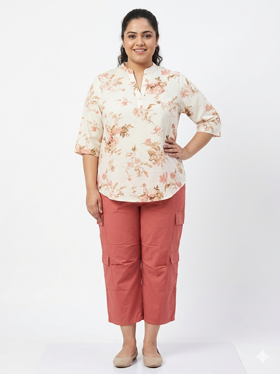 Women's Plus Size Printed Linen Top