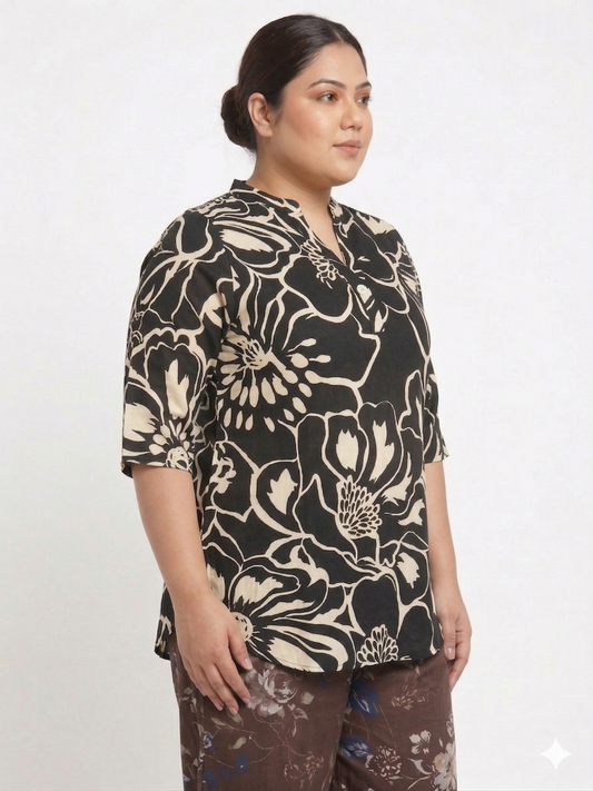 Plus Size Women's Printed Linen Top