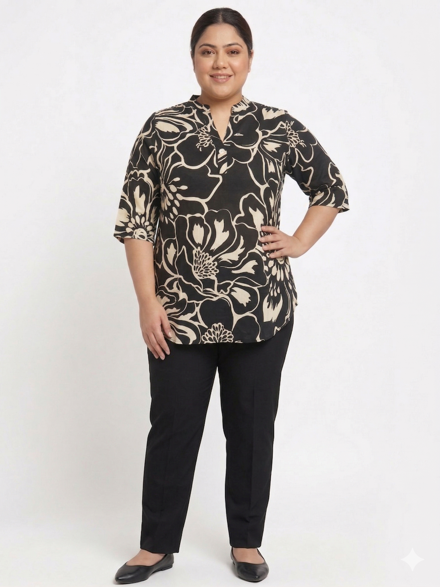 Plus Size Women's Printed Linen Top