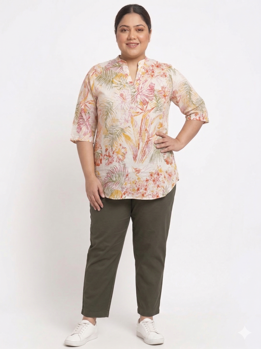 Women's Plus Size Printed Linen Top