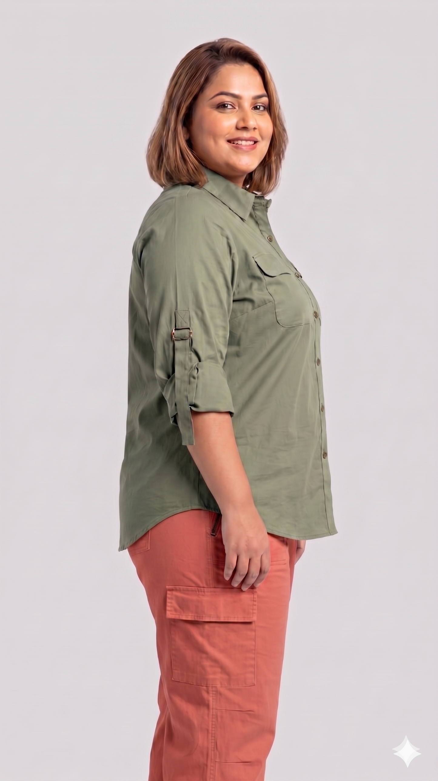 Classic Sage Green Buckle-Down Shirt with Roll-Up Sleeves