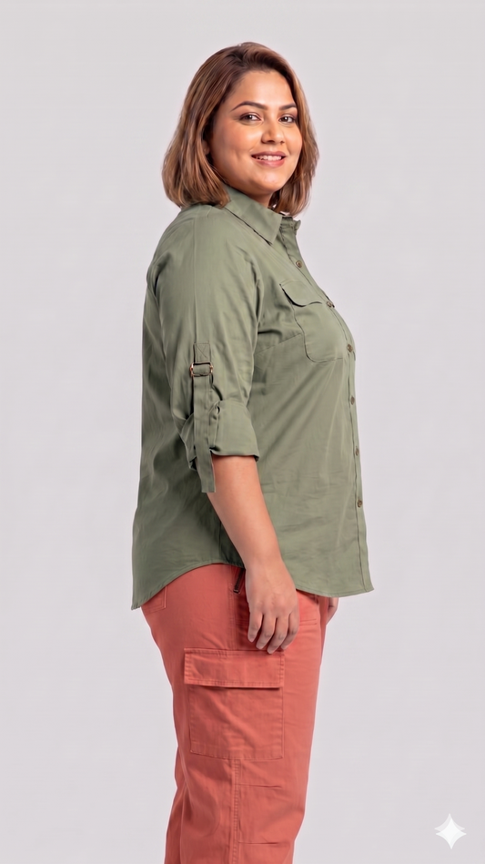 Classic Sage Green Buckle-Down Shirt with Roll-Up Sleeves
