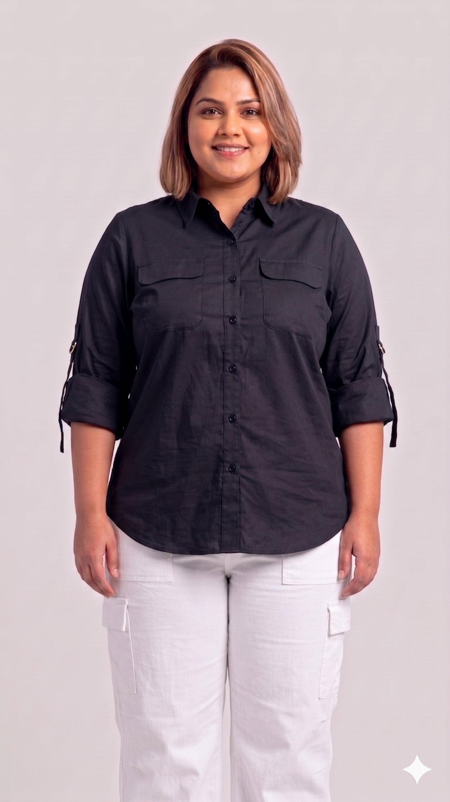 Classic Black Buckle-Down Shirt with Roll-Up Sleeves