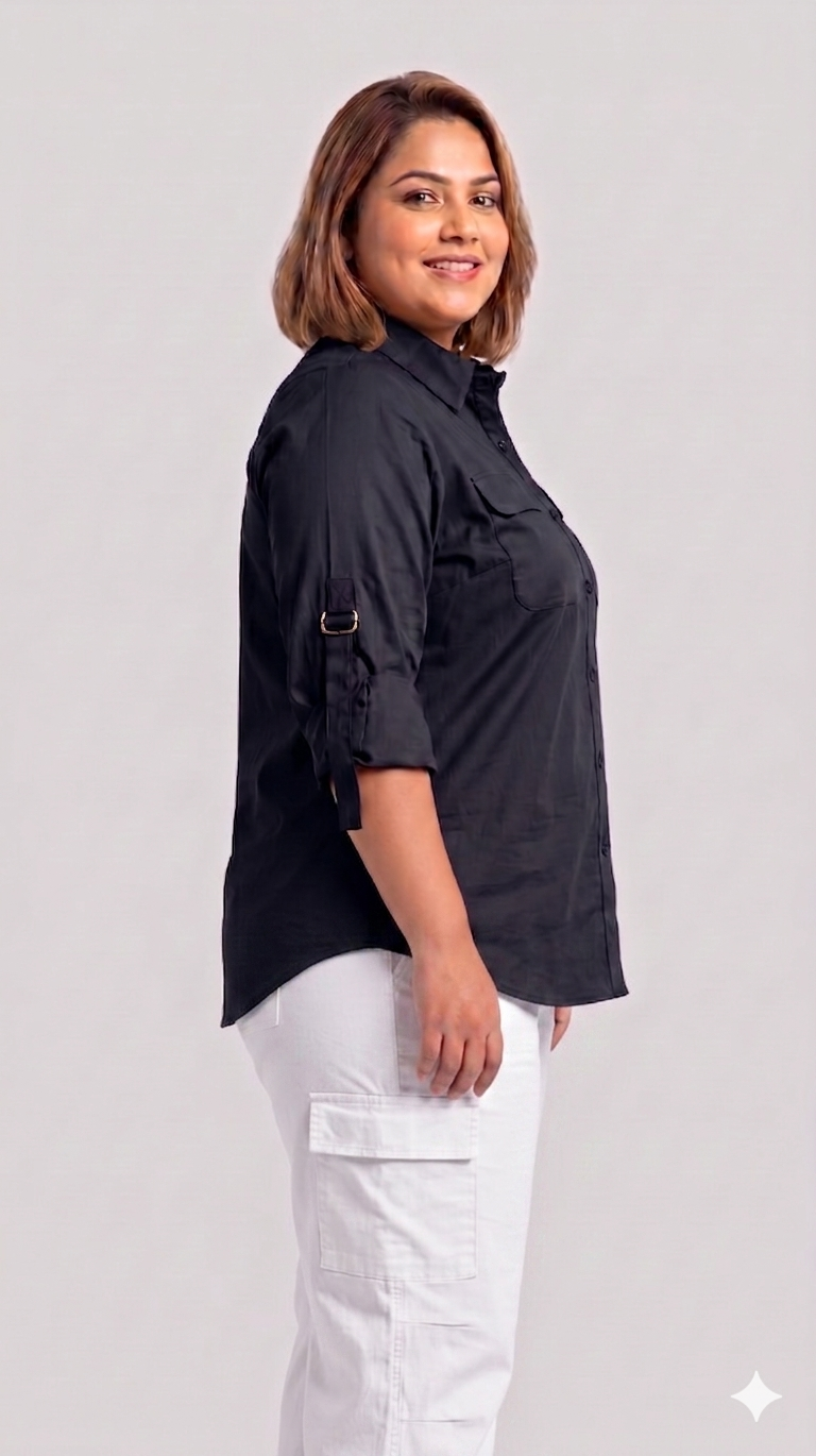 Classic Black Buckle-Down Shirt with Roll-Up Sleeves