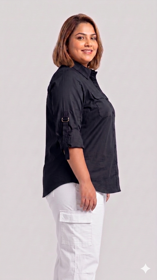 Classic Black Buckle-Down Shirt with Roll-Up Sleeves