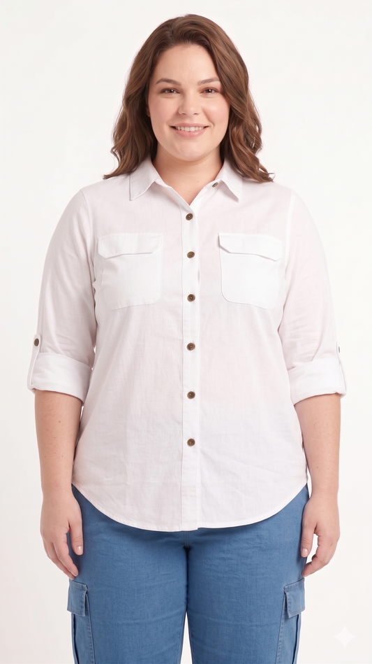 Classic White Buckle-Down Shirt with Roll-Up Sleeves