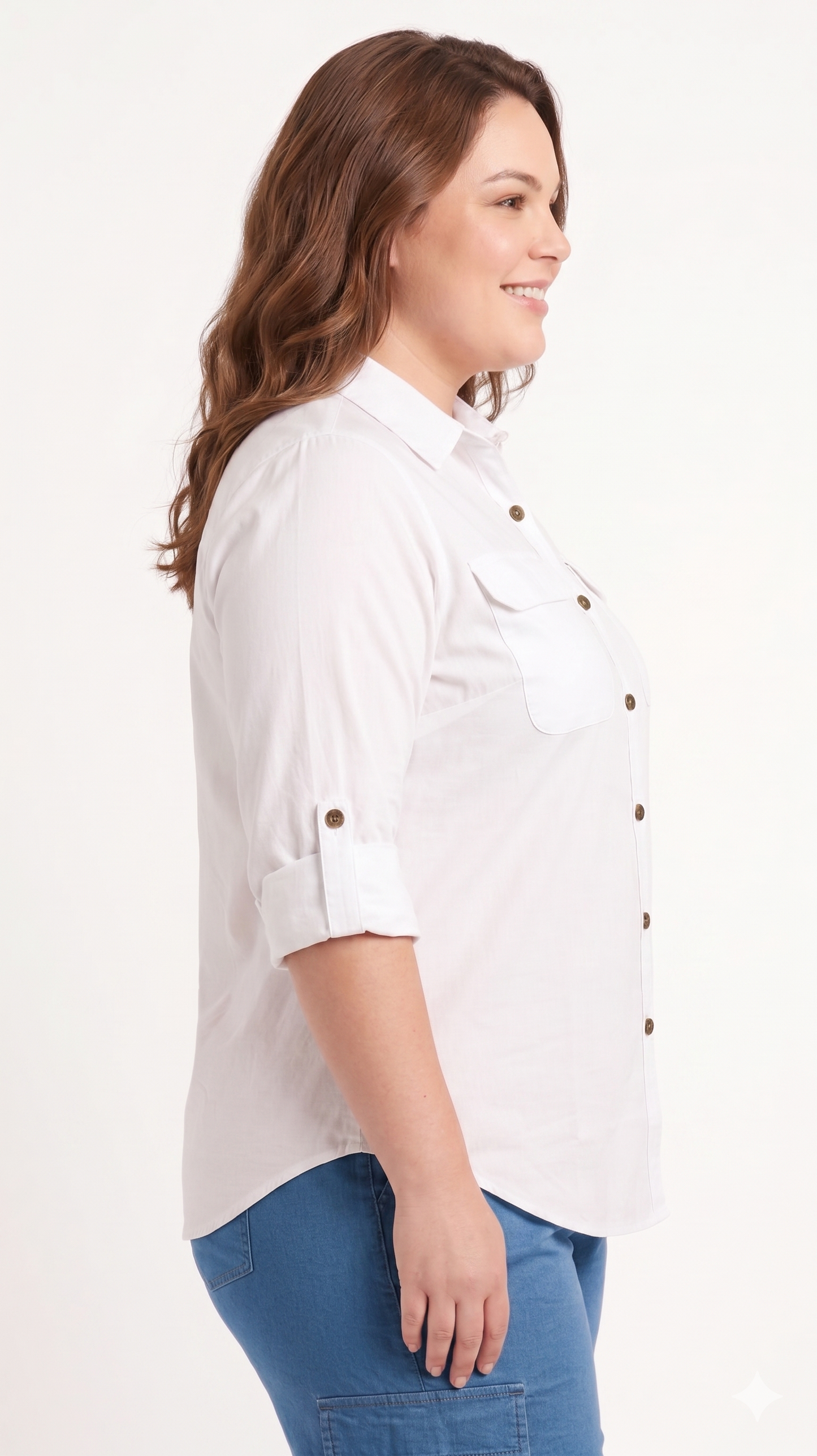 Classic White Buckle-Down Shirt with Roll-Up Sleeves