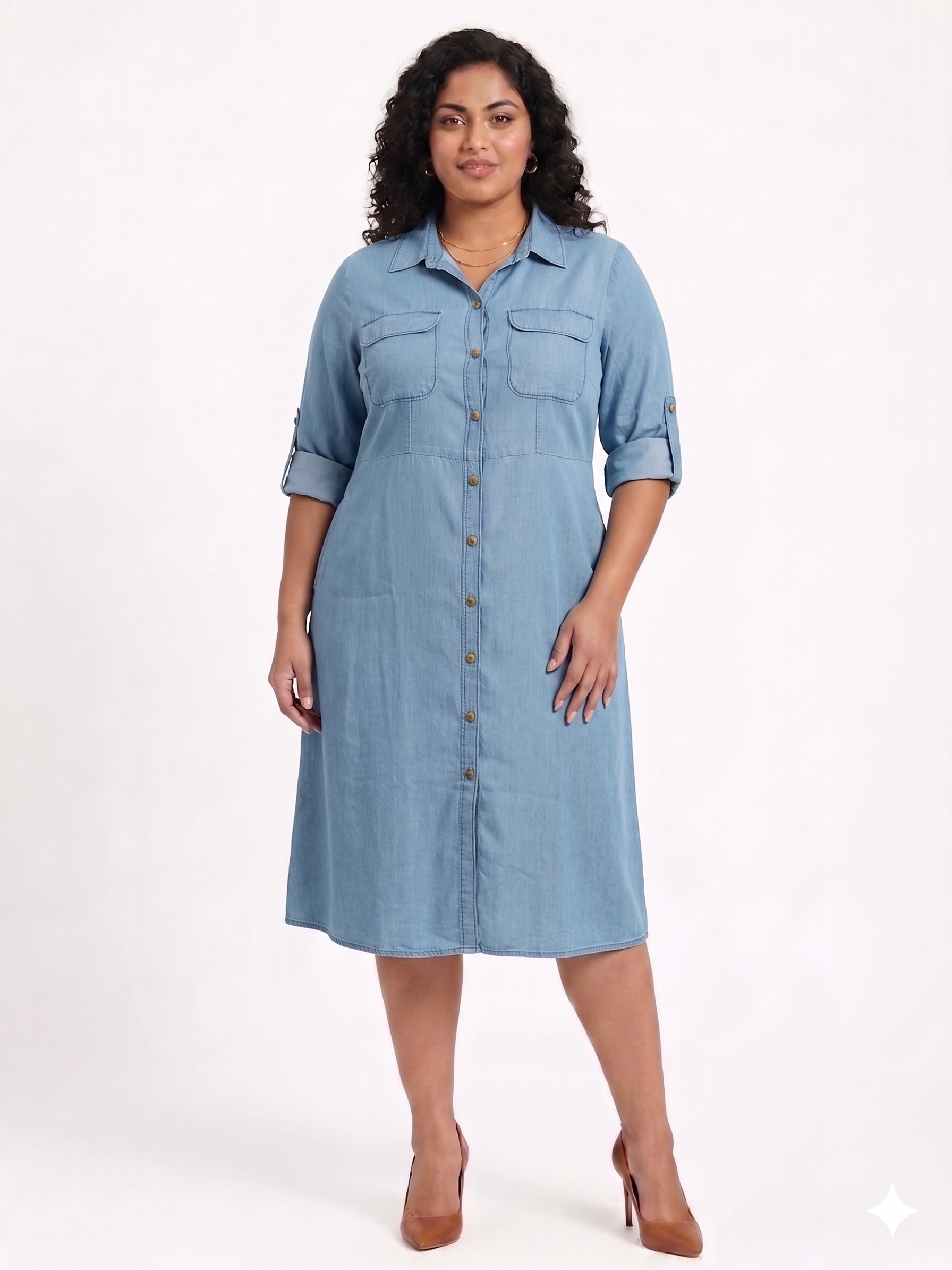 Plus Size Cotton Denim Shirt Dress for Women