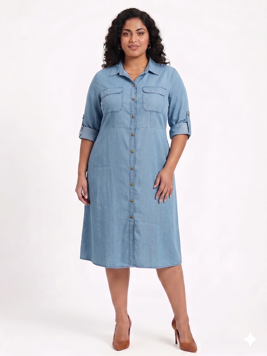 Plus Size Cotton Denim Shirt Dress for Women