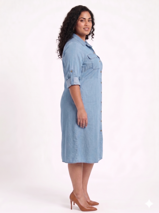 Plus Size Cotton Denim Shirt Dress for Women