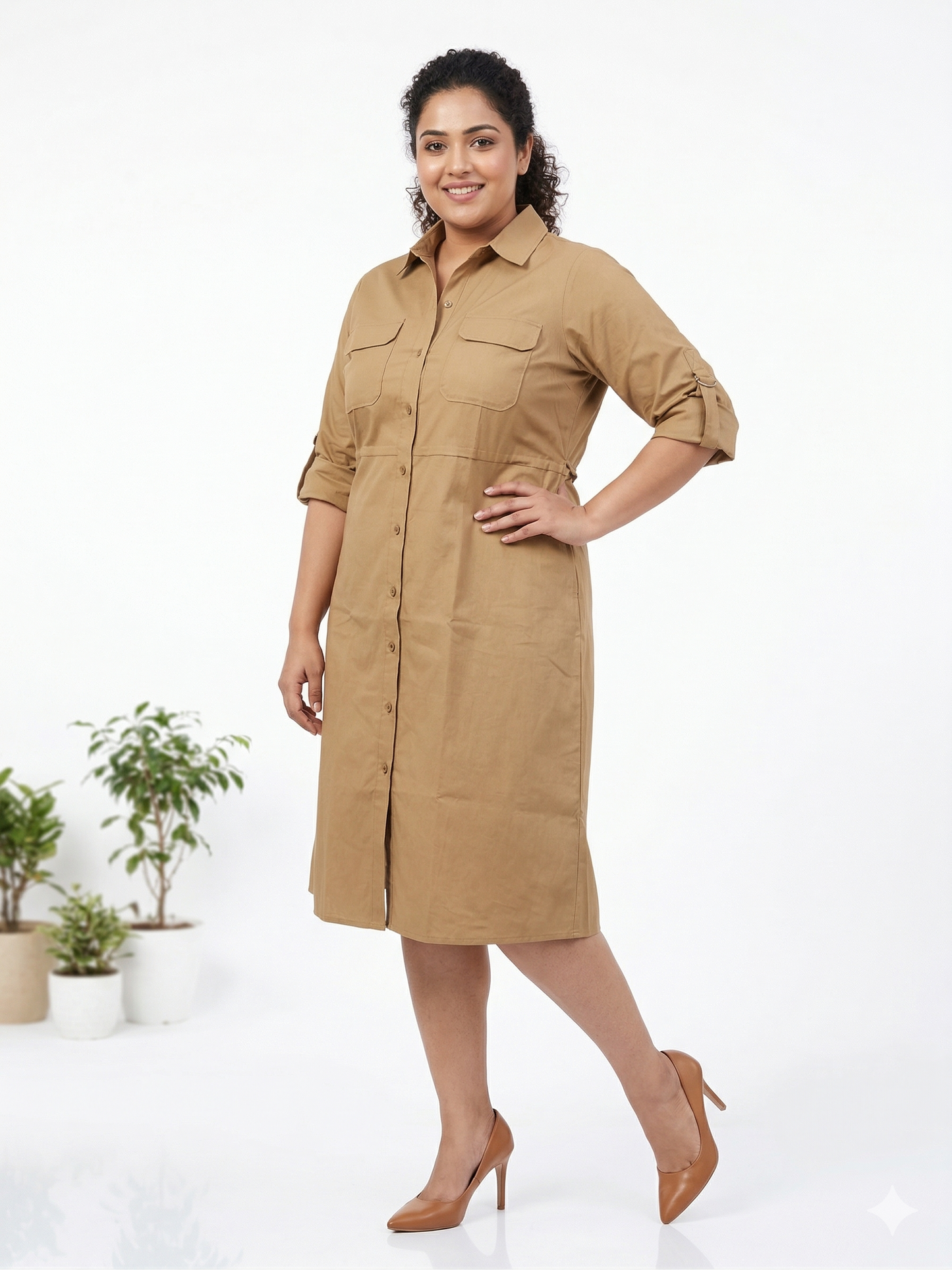 Plus Size Cotton Twill Shirt Dress for Women