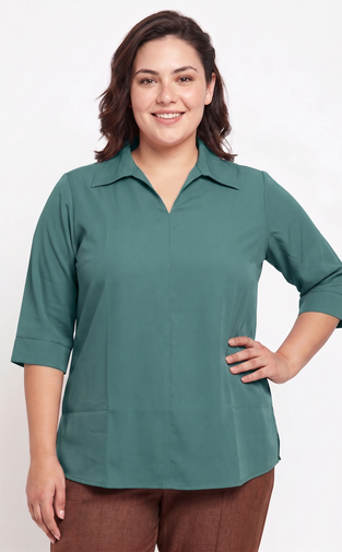 Woman wearing a teal shirt on a white background