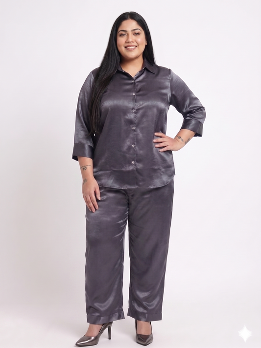Women's Plus Size Indigo Satin Button-Down Shirt & Straight-Leg Trouser Set