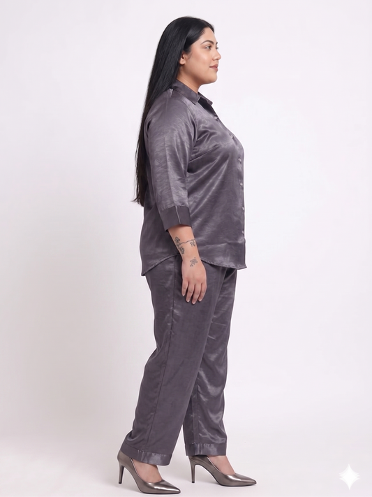 Women's Plus Size Indigo Satin Button-Down Shirt & Straight-Leg Trouser Set